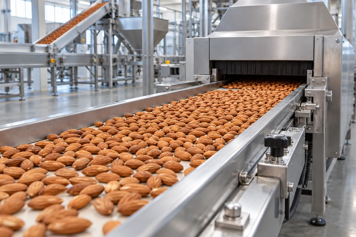 Almond kernels on a processing conveyor