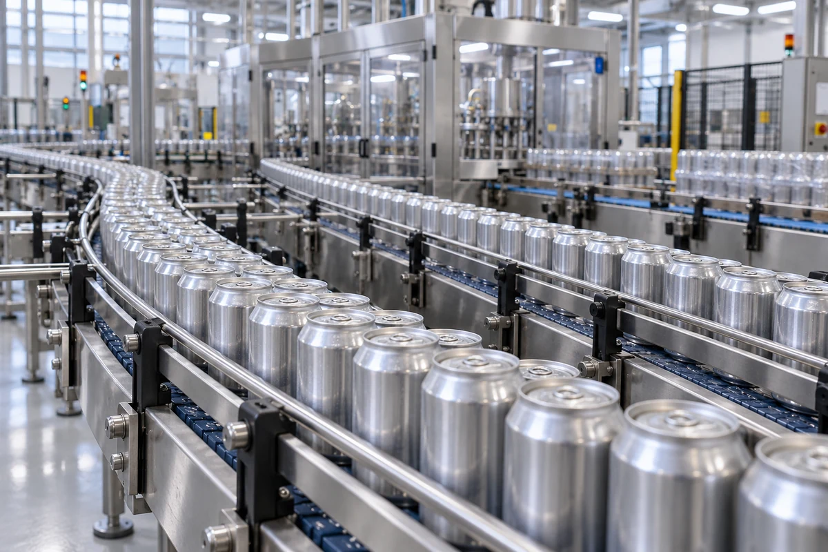 Beverage cans on a packaging conveyor