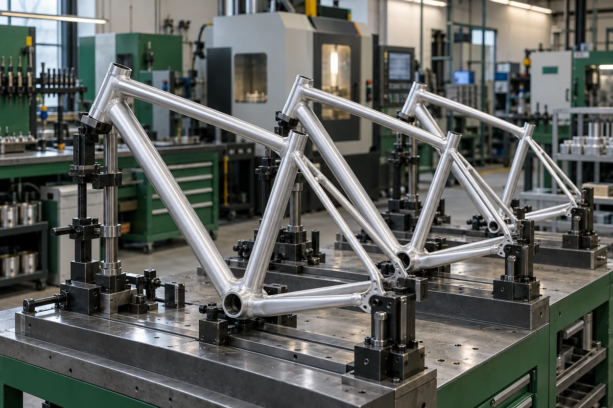 Bicycle frames in assembly fixtures