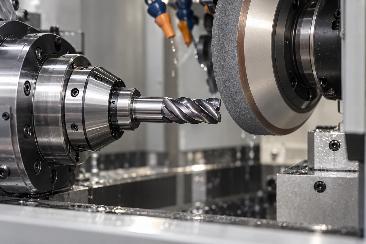 Cutting tool beside a grinding wheel